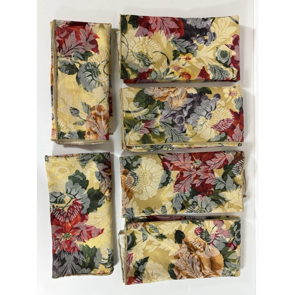 Floral Fruit Jacquard Cloth Napkins Set 6 ~18.5" Square Yellow-Gold Multicolor